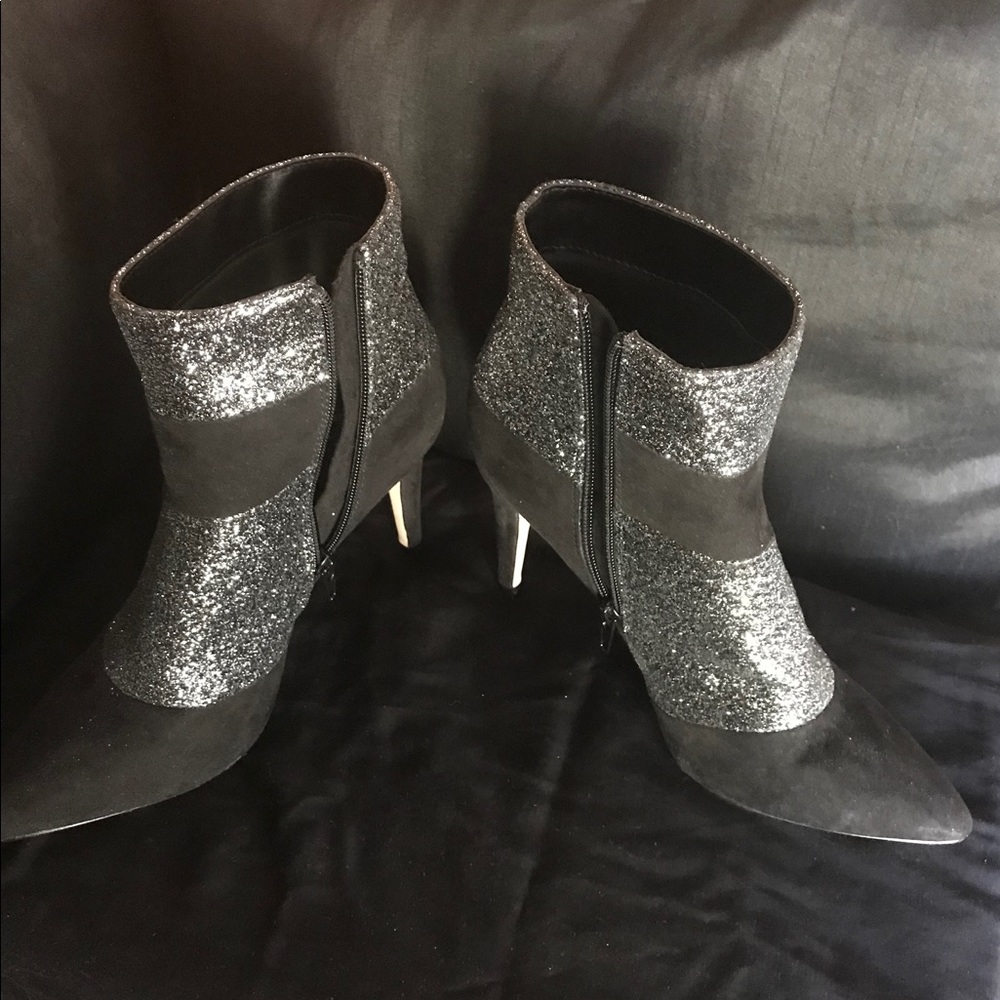 Black and silver color block booties